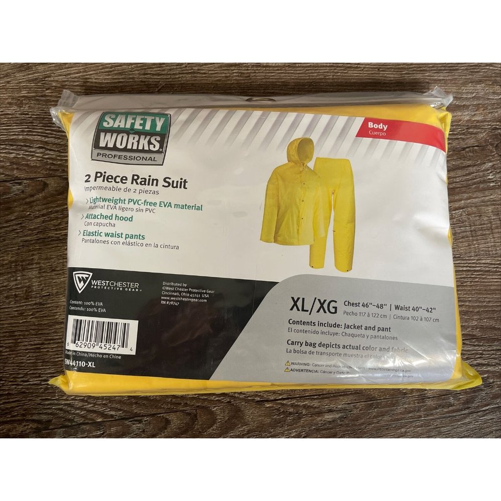 Safety Works 2-Piece Yellow EVA Rain Suit Drawstring Hood Size X-Large New